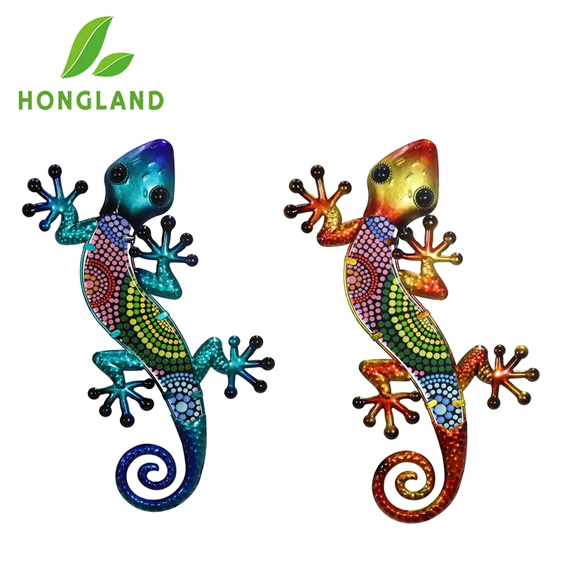 HONGLAND-arte de pared de Metal Gecko, decoración de lagarto al aire libre, escultura colgante de vidrio, decoración para valla de jardín y hogar,