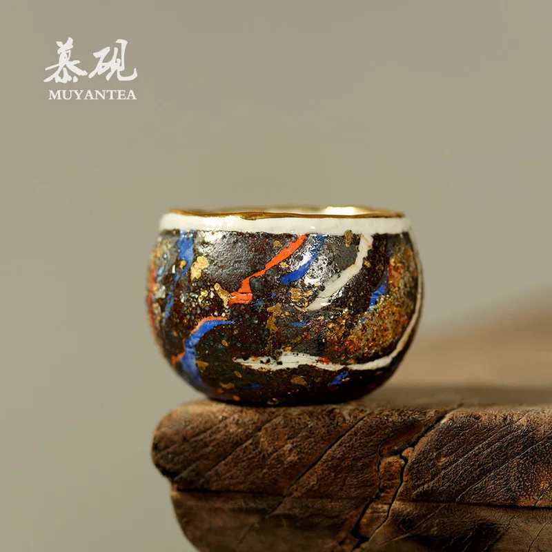 Mu Yan Handmade Wood-Fired Gaoyue Rock Melt Wabi-Sabi Style Master Creative Coarse Pottery Tea Set, Tasting Cup, Pu'er Cup