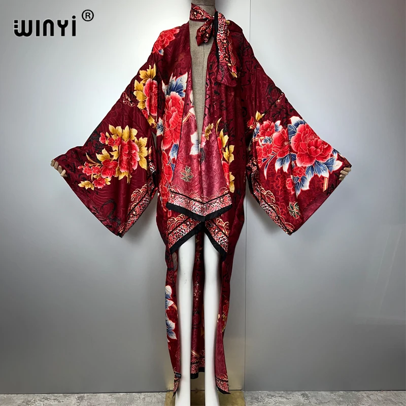 WINYI Summer Beach Wear Cover Up Lady Irregular cardigan printing elegant Silky and skin-friendly sexy Holiday Kimono maxi dress
