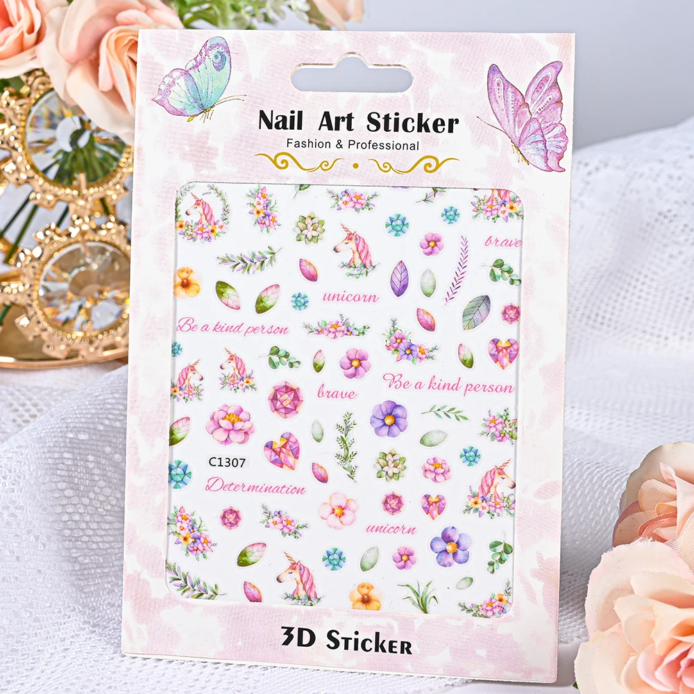 1Pcs Colorful Watercolor Flowers Nail Art Stickers Sakura Daisy Lavender Decals Christmas 3D Self-Adhesive Floral Manicure Patch