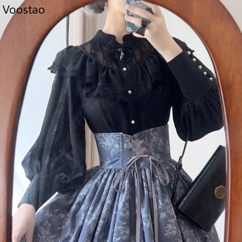 Gotický y2k lolita styl košile ženy vintage dlouhé rukáv kněžna halenky dívčí viktoriánská sladké krajka volánky topy blusas mujer