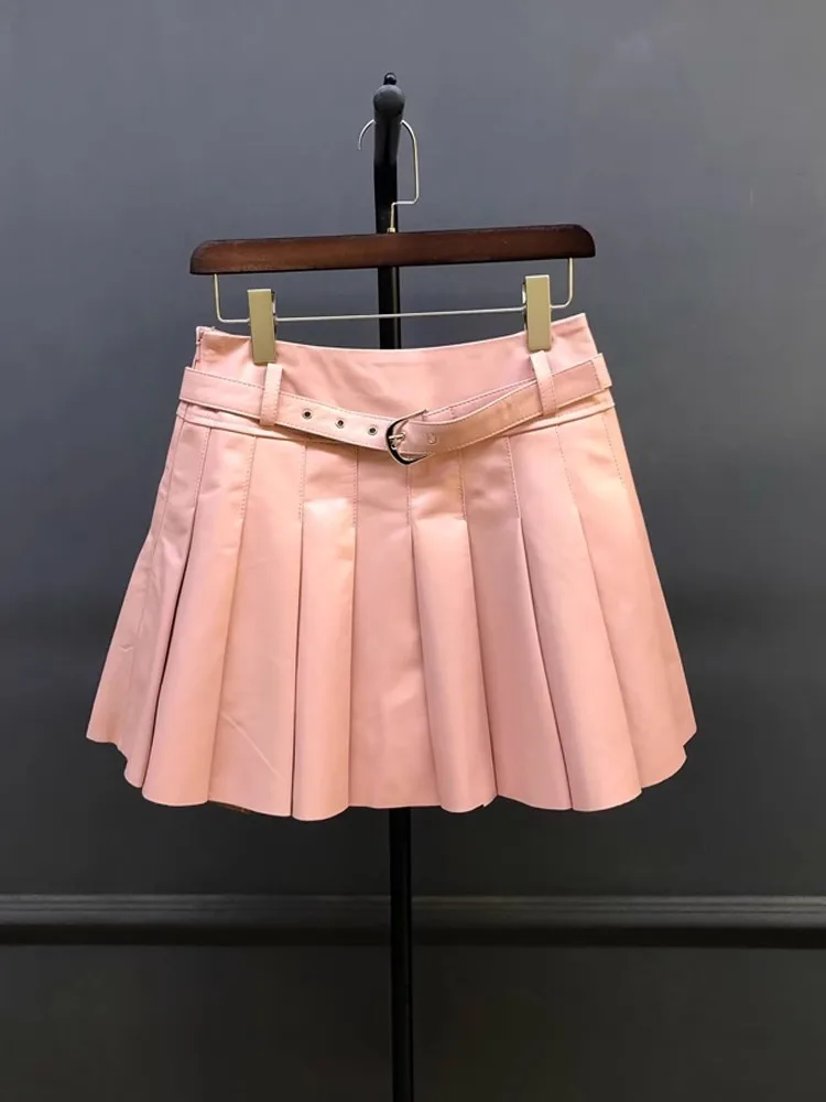 Autumn Women Sweet Sheepskin Genuine Leather Pleated Skirt High Waist Belt Fashion Casual Party Solid Color A Line Short Skirts