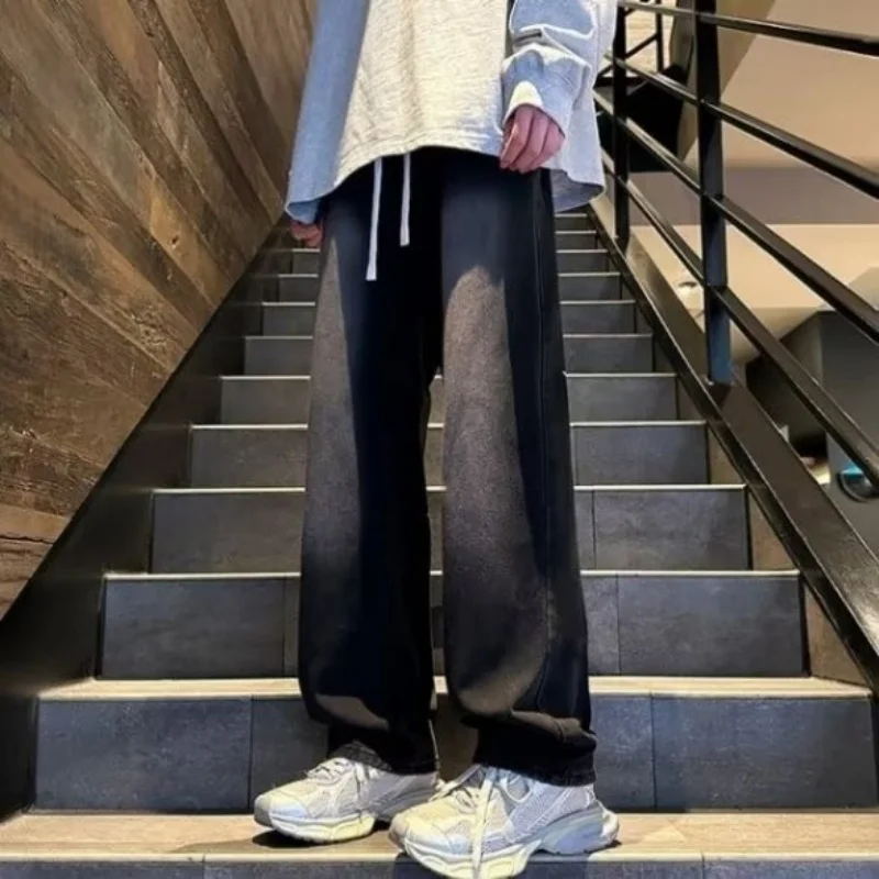 

Джинсы из потертого денима с градиентом для мужчин и женщин, новый стиль весны и осени, свободные широкие брюки прямого кроя, модные брендовые брюки