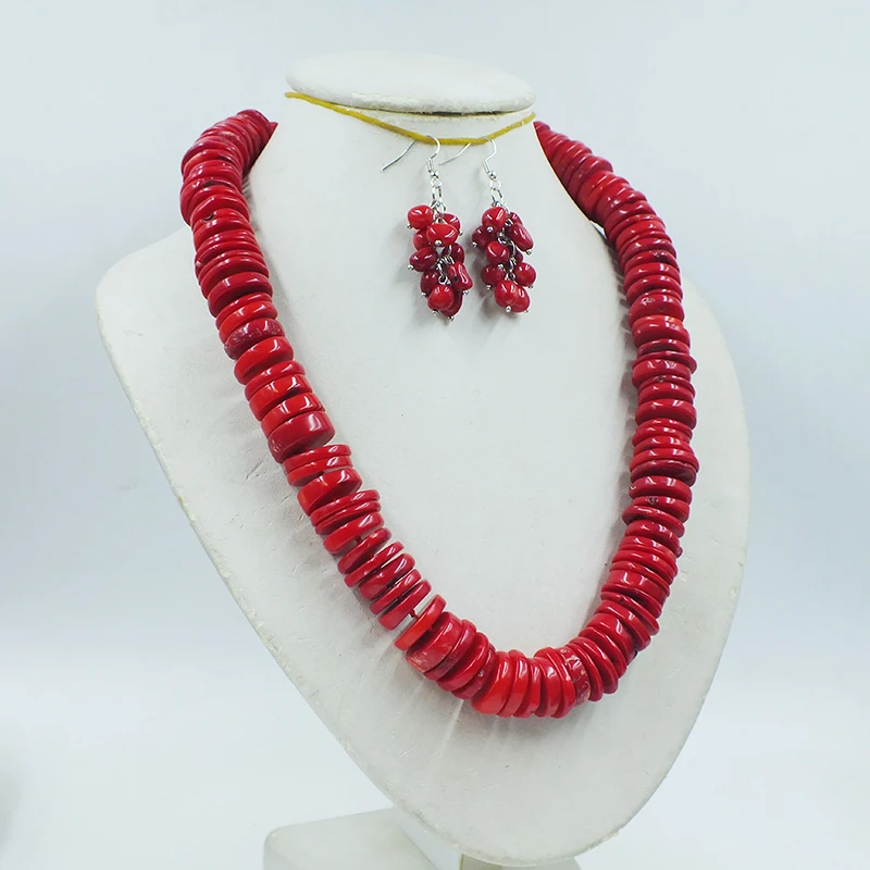 The last share. 18-20MM Natural Irregular Flat Precious coral Necklace/Earring Set. African Women's Wedding Jewelry 22“