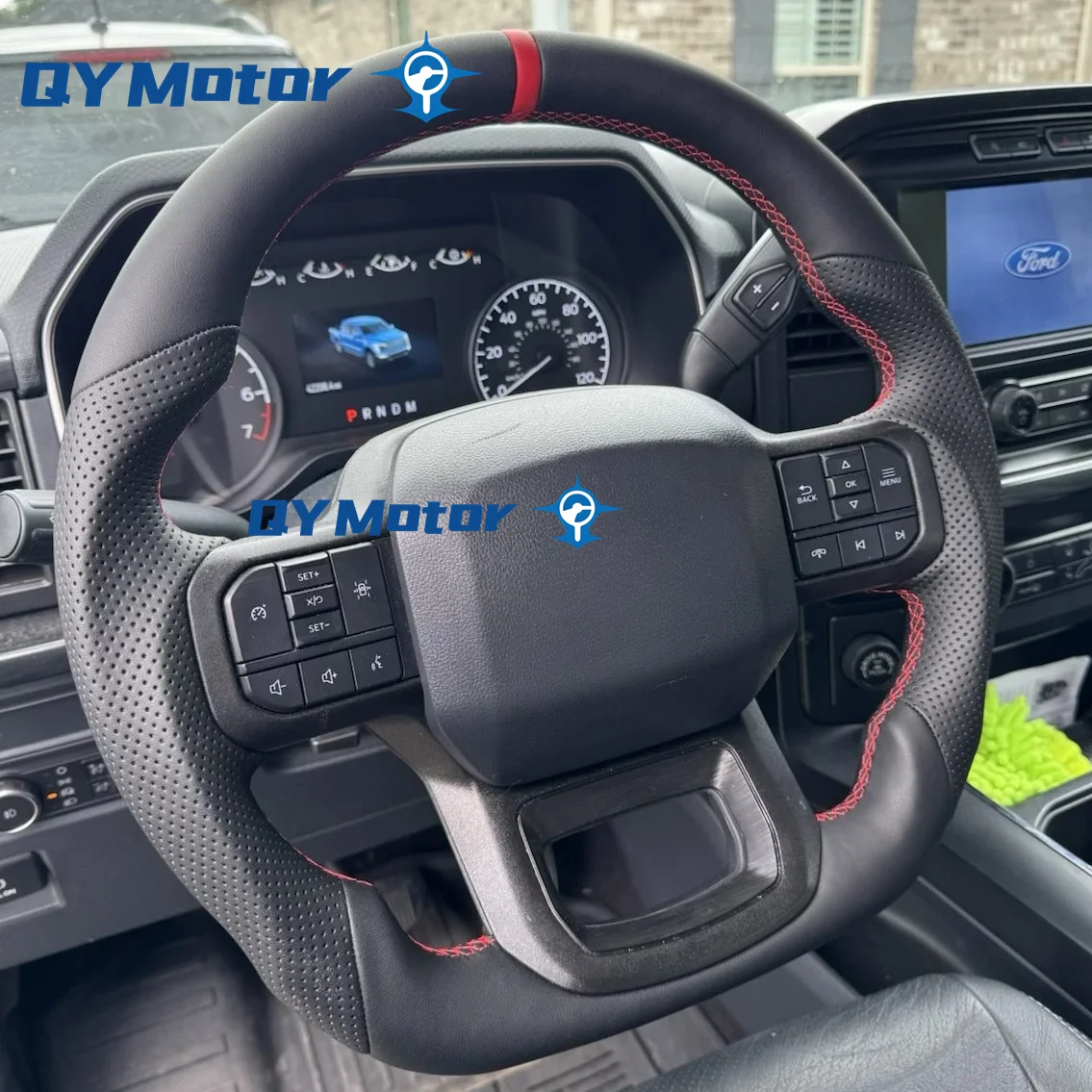 

Полностью кожаный руль для Ford Raptor F150 2021 2022 2023 2024, черный перфорированный кожаный красный полосатый