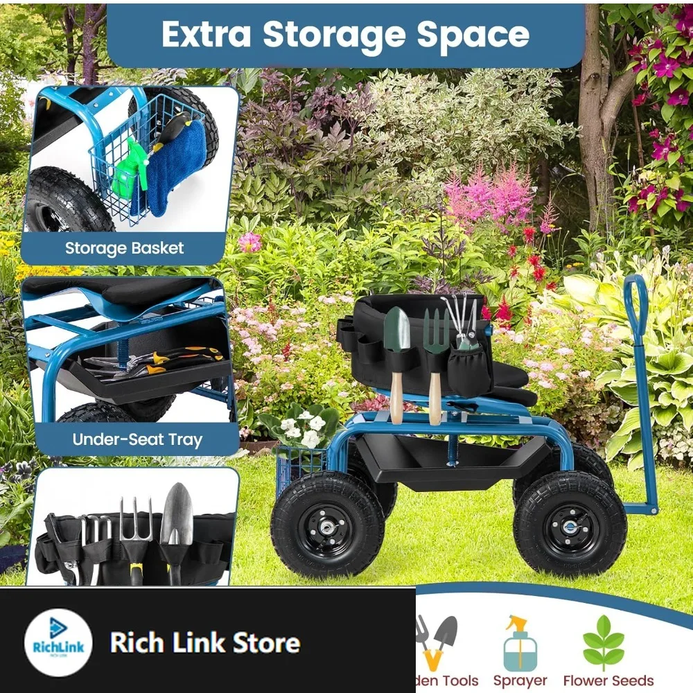 Garden Seat with Wheels, Rolling Gardening Stool with Adjustable 360° Swivel Seat, Tool Tray & Storage Basket, Extendable Handl