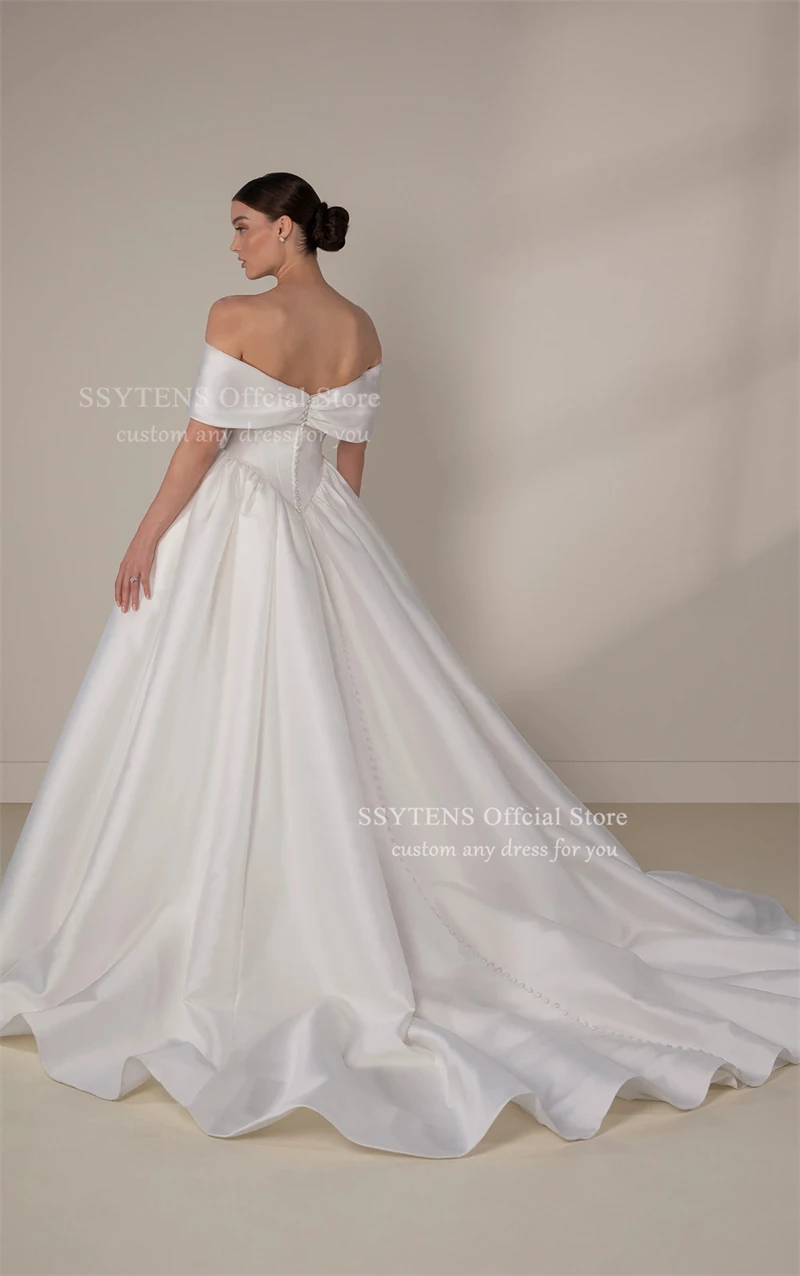 SSYTENS-vestidos de novia de satén suave, línea A, sin mangas, con hombros descubiertos, cola larga, vestidos de fiesta de boda personalizados
