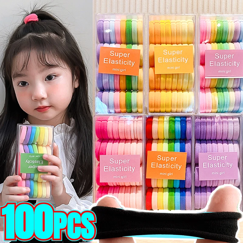 100pcs/lot Kids Color Scrunchies 20mm Non-damaging Headbands Girls Tie High Ponytail Hair Accessories High Elastic Rubber Bands