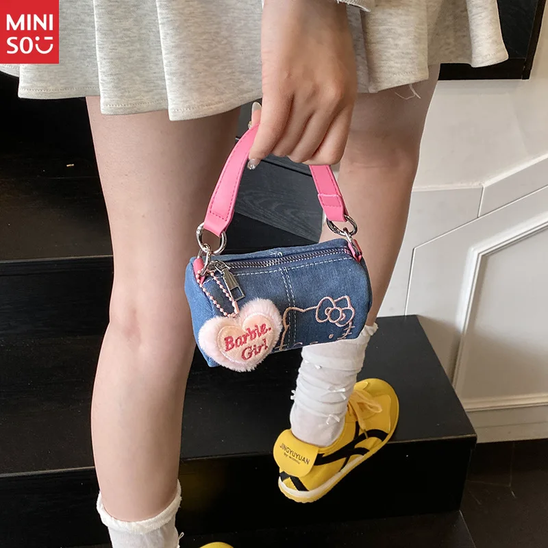 Miniso Cylinder Denim Hello Kitty Bag, Embroidered Tote for Work & Casual Use