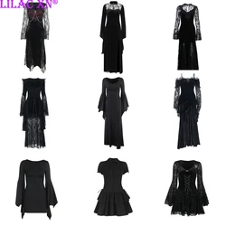 Sexy Elegant Lace Flared Long Sleeve High Split Maxi Dresses Vintage Black Velvet Chain Patchwork Bodycon Long Dress Grunge Robe