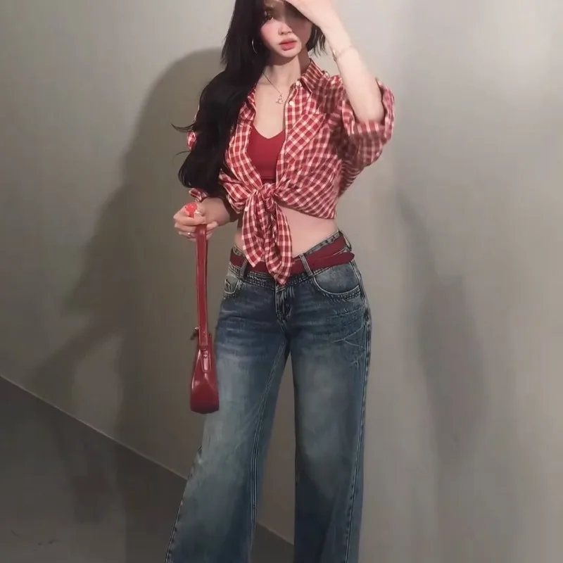 Deeptown Vintage Red Plaid Women Shirts Harajuku Pocket Long Sleeve Korean Fashion Oversized Blouses Casual Commute Sunscreen