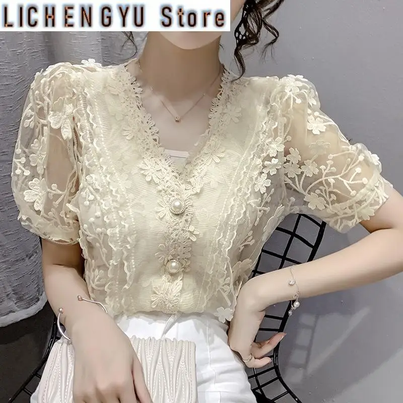 New Lace Tops Pearls V-neck Chiffon Short Sleeve Shirt flower Blouse Printed Floral Transparent Women Sexy Crop Top Blouses