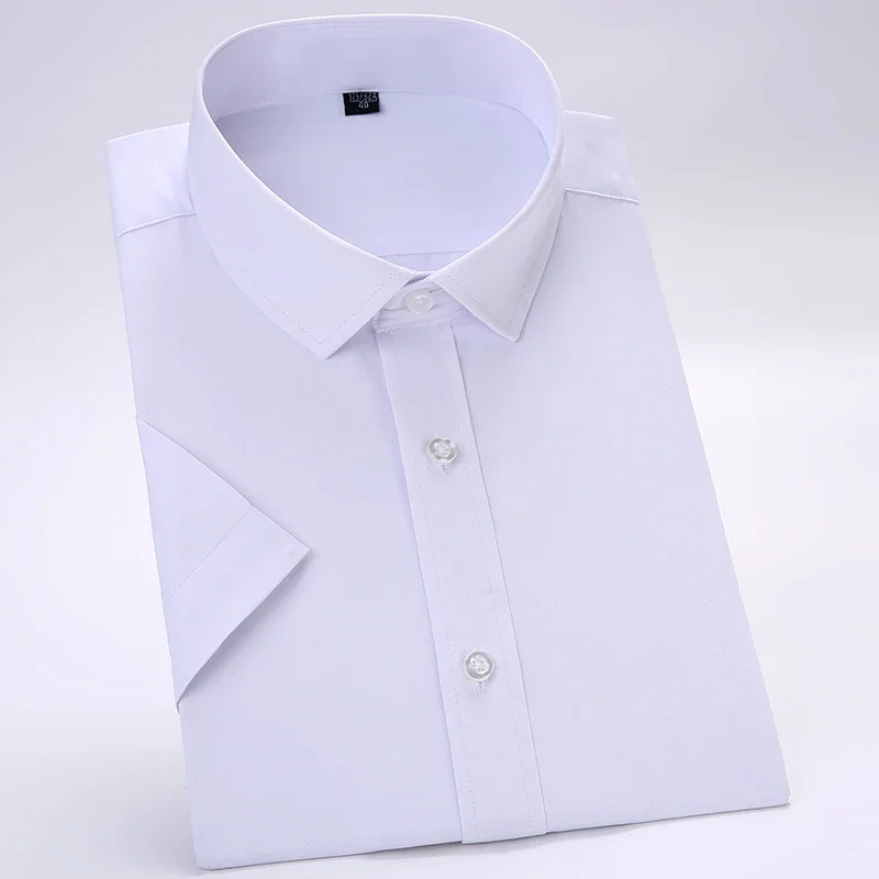 

Summer Short Sleeve Solid Dress Shirt Men plain Formal Business Social shirts Mens White Slim Fit No front Pocket Light Blue