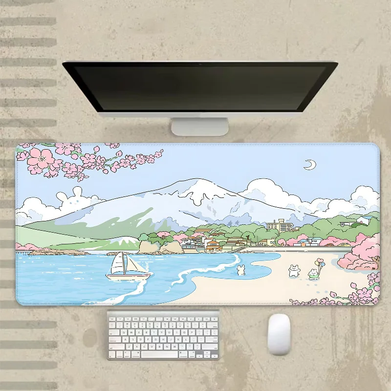 Mount Fuji Large Gaming Mouse Pad Ocean Beach Aesthetic Scenery Cute Anime Keyboard Desk Mat Anti-Slip Rubber for Office Supply