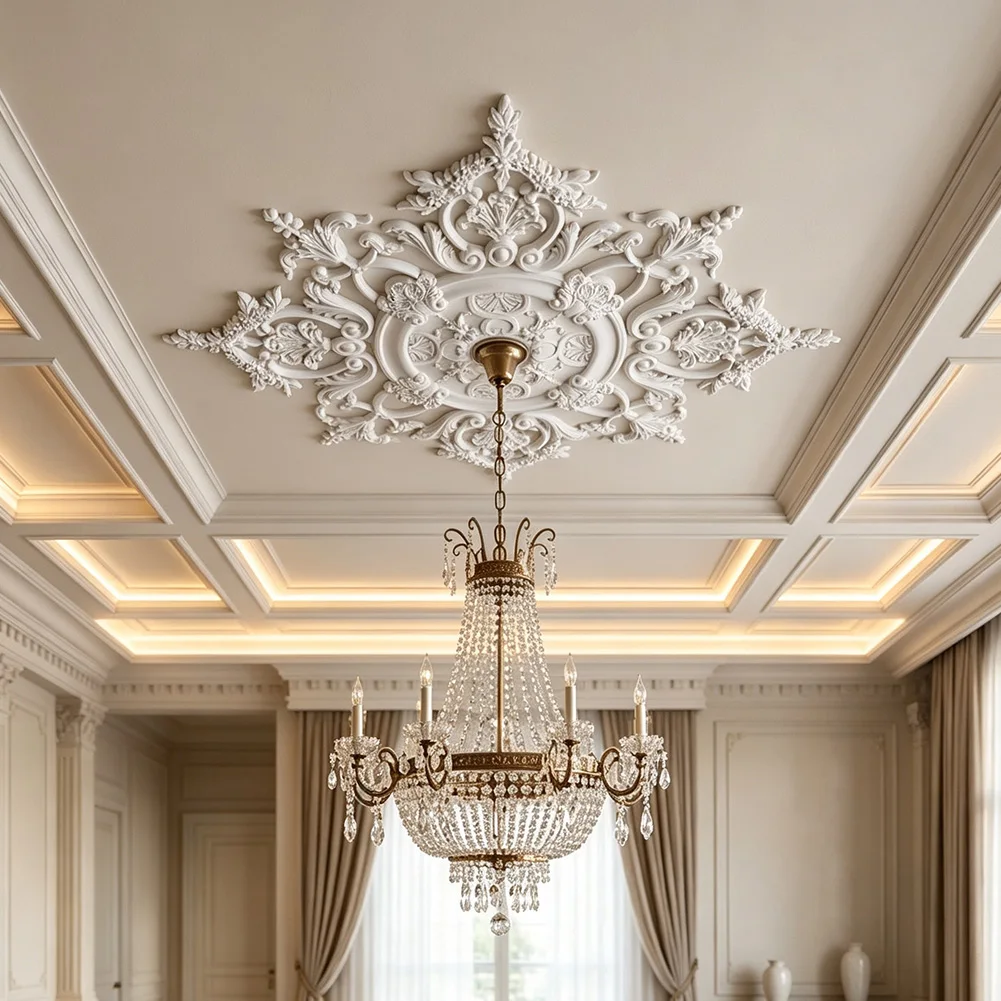 35.4 Inch Ceiling Medallion= For French Style Decor, Lightweight Floral Acanthus Leaf Design For Chandelier And Pendant Light=