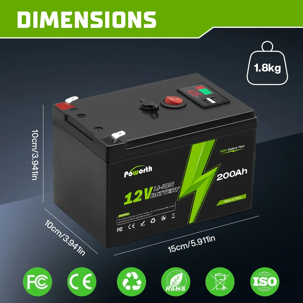 12V 200Ah Lithium LiFePO4 Deep Cycle Battery, 4000+ Cycles Rechargeable Battery for Solar/Wind Power,Small UPS,Lighting,and More