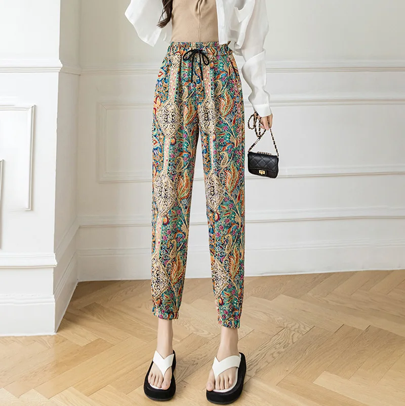 

Женские летние шаровары, тонкие повседневные брюки с высокой талией из ледяного шелка, девятиточечные брюки с защитой от комаров