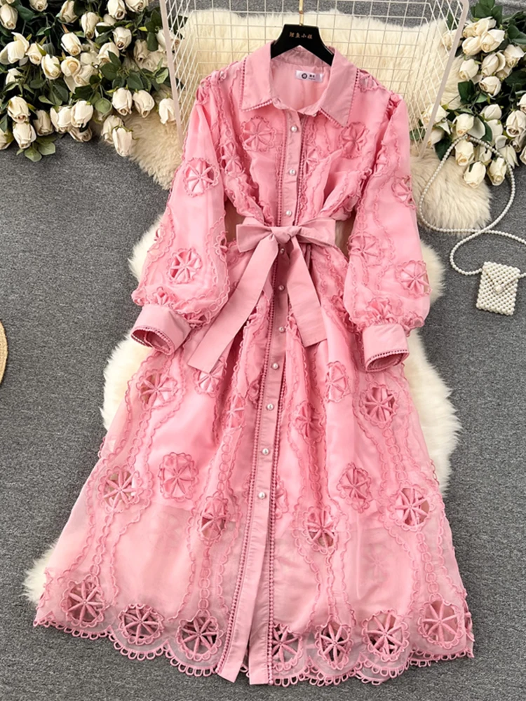 EWQ Fashion Long Dress For Women Hollow Out Design Embroidery Belt Gathered Waist A-line Long Dresses 2024 New Clothing 27C377