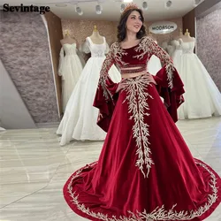 Customized Noble Red A-Line Evening Dress O-Neck Long Flare Sleeves Lace Appliques Prom Gown Floor Length Algerian Outfit 2024