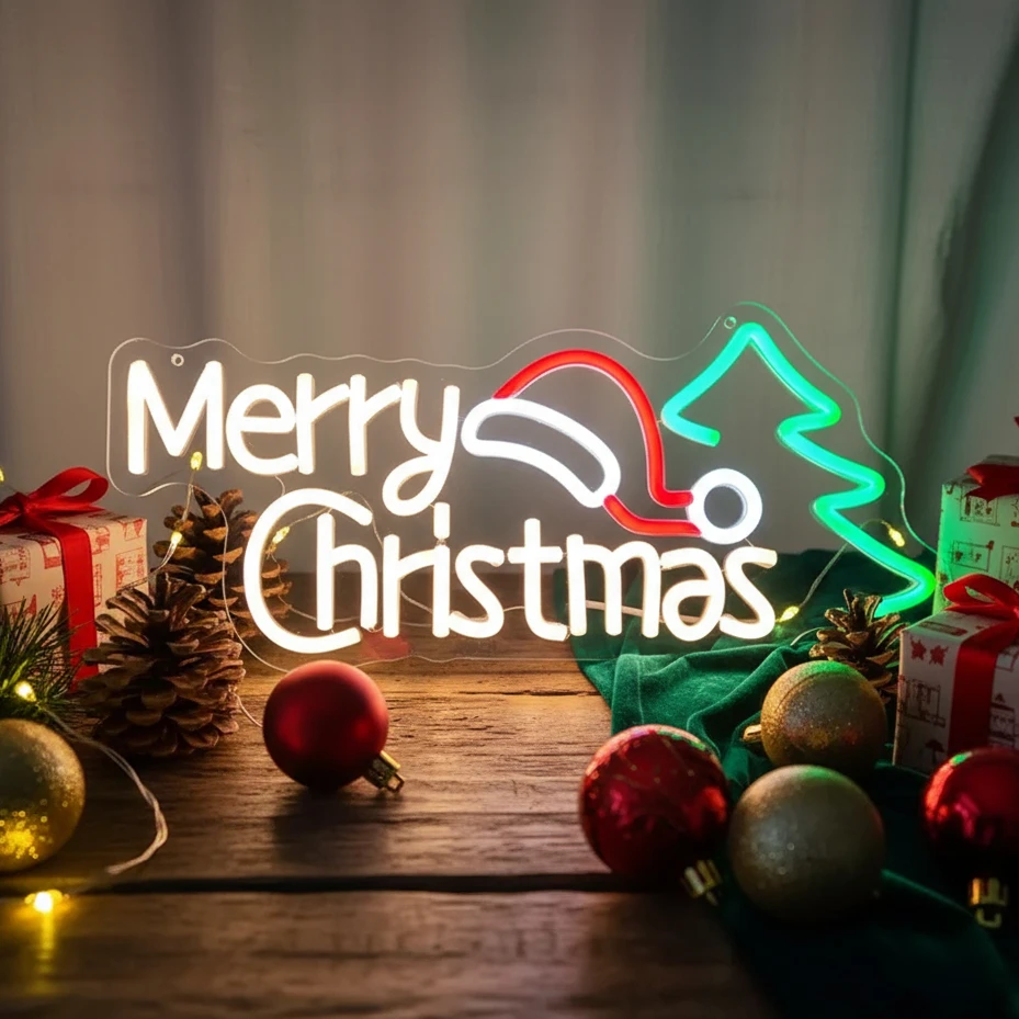 

Christmas Neon Sign (Santa Hat & Tree) - USB Powered, Switch Control, Wall Hanging Decor for Home/Party/Bar Christmas Gifts
