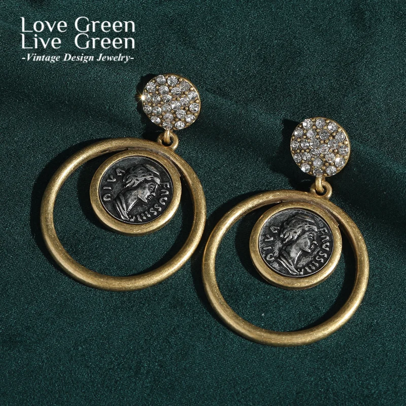 

Vintage Ancient Gold Color Coins Drop Dangle Earrings Circles Rhinestones Luxury Designer Jewelry Retro Party Accessories 2025