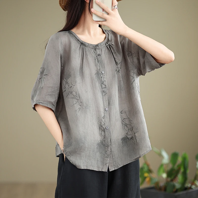 

2024 New Arrival Summer Women Korea Style Loose O-neck Short Sleeve Blouse Vintage Print Single-breasted Casual Shirts V471