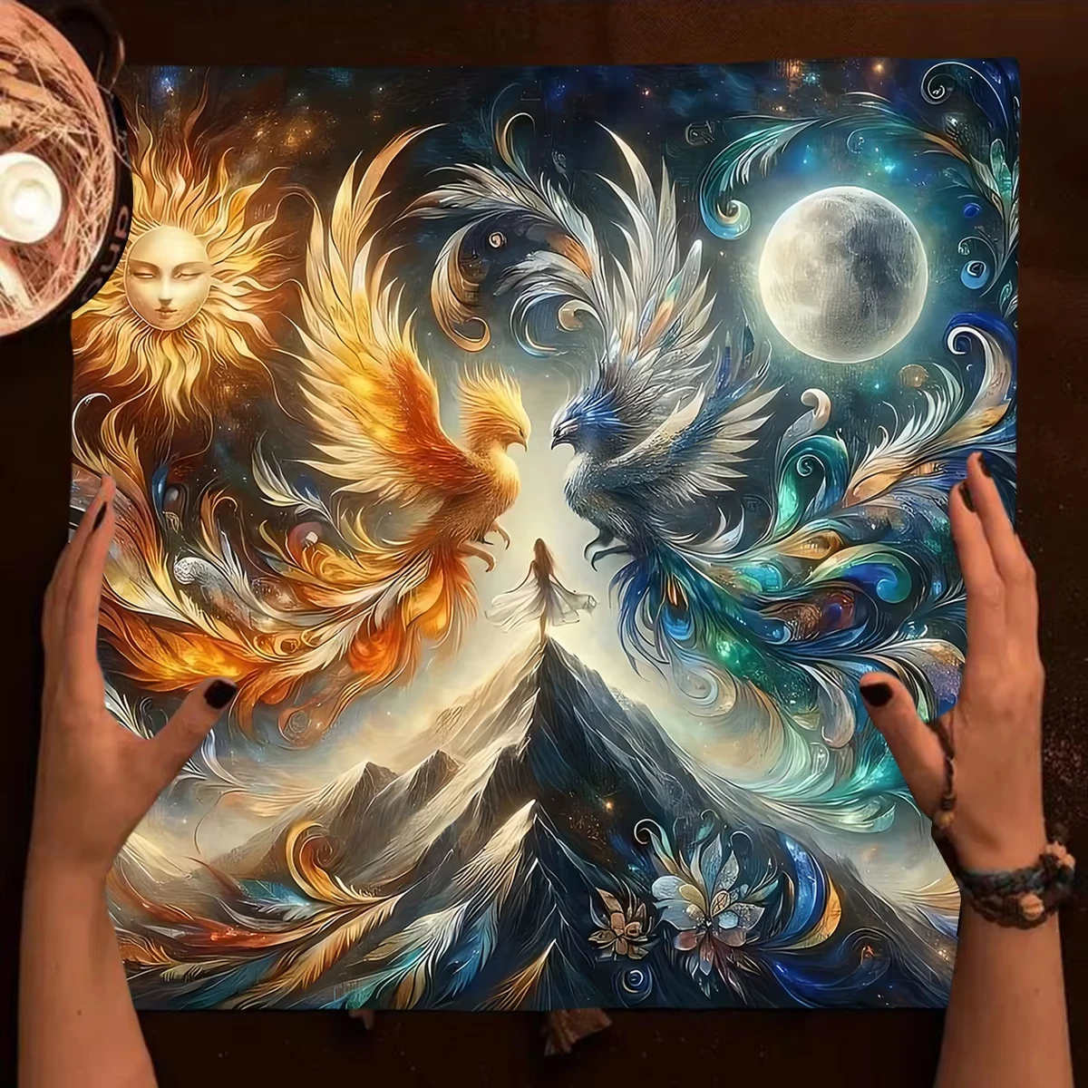 

Fantasy Mythical Phoenix Sun Moon Celestial Tablecloth Bohemian Spiritual Harmony Home Decor Design