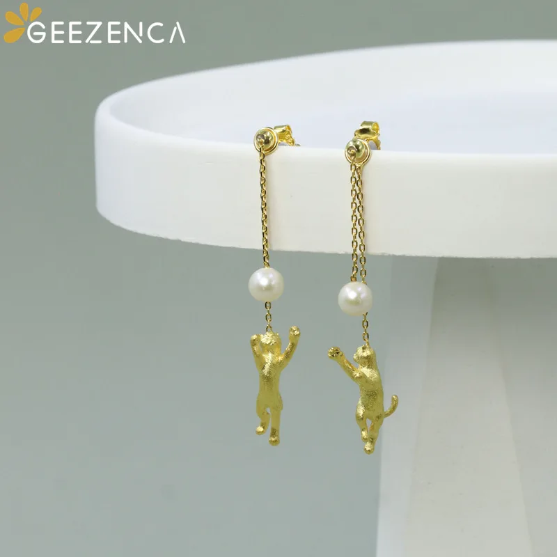 GEEZENCA 925 Sterling Silver Gold Plated Cat With Pearl Dangle Earrings For Women Cute Kitten Playing Ball Long Tassel Earring