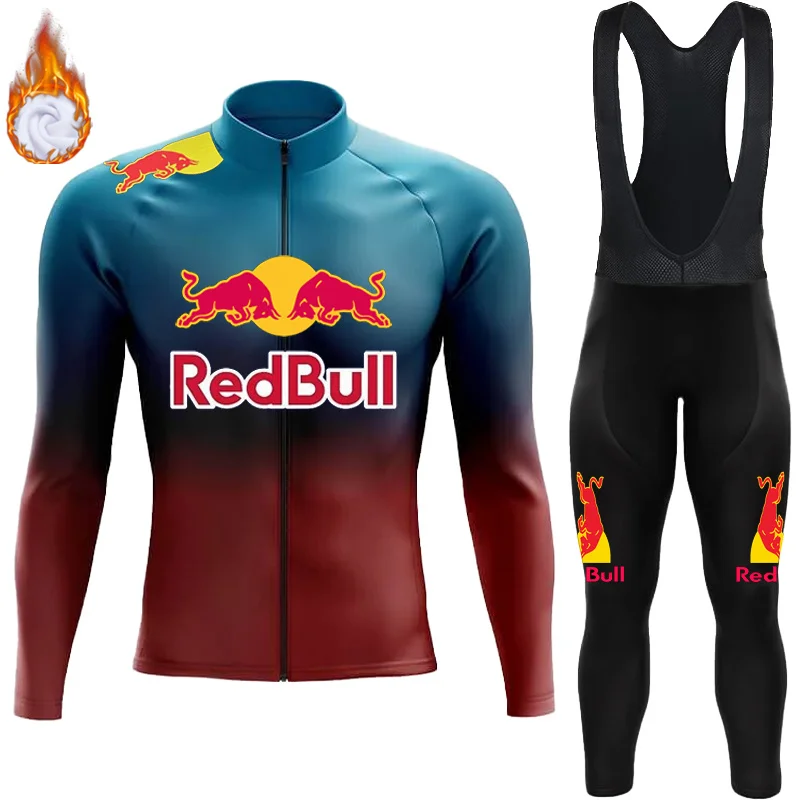 

Red Bull Winter Thermal Fleece Cycling Jersey Men's Biking Clothes Man Suit Long Sleeve Mountain Bikes Bib Bicycle Clothing Mens