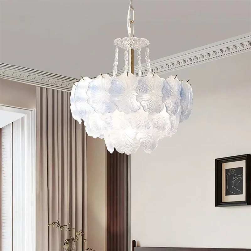 

French Luxury Style Crystal Pendant Lights Cream Style Chandelier Creative Living Room Bedroom Romantic Petal Lamp Home Decor