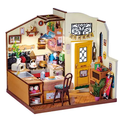 Robotime Rolife Miniature House for Kids Adult  Homey Kitchen Pre-painted Dollhouse Building Blocks Set 3D Wooden Puzzle Toys