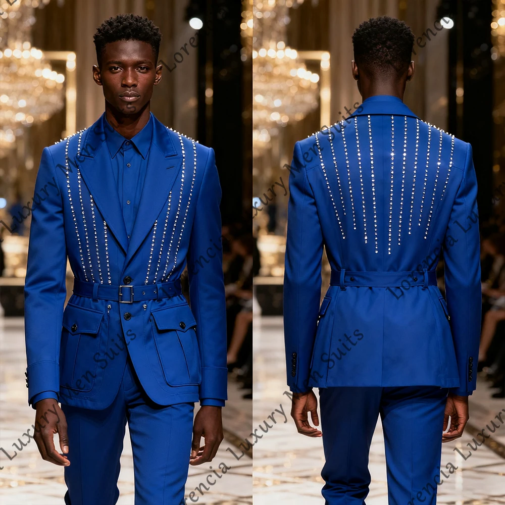 

Fashion Glitter Male Suits 2 Pieces with Pockets Belt Tuxedos Evening Banquet Outfit Customized Blazer Pants trajes para hombre