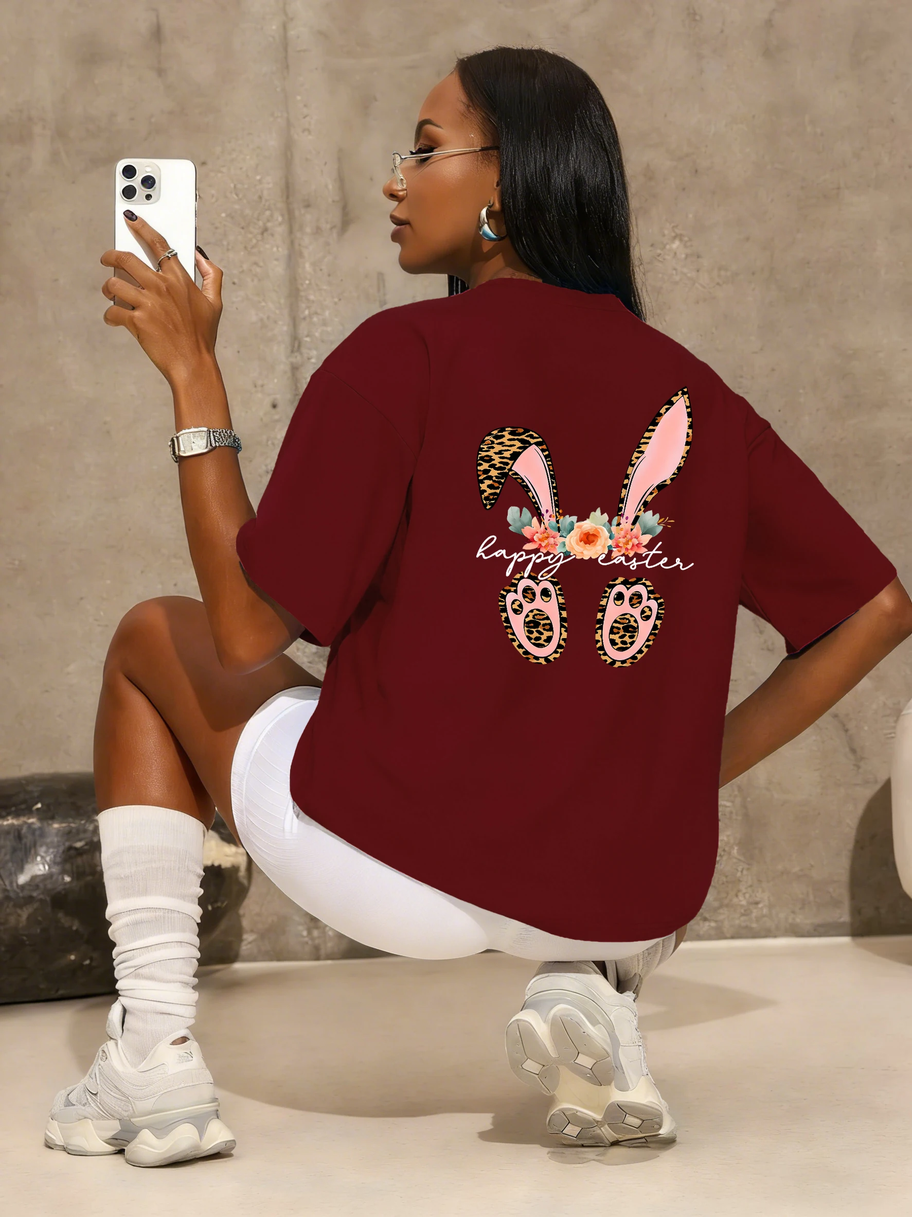 Happy Easter Rabbit bedrucktes T-Shirt für Damen, Hip-Hop-Baumwolle, Sportbekleidung, Sommer-Sport-T-Shirts, lässig, atmungsaktiv, kurze Ärmel