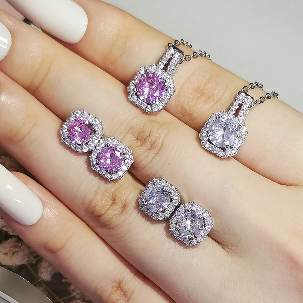 2024 New Trendy pink Color Earrings and Necklace Pendant Set for Women Anniversary Gift Jewelry Wholesale x1104-e1104