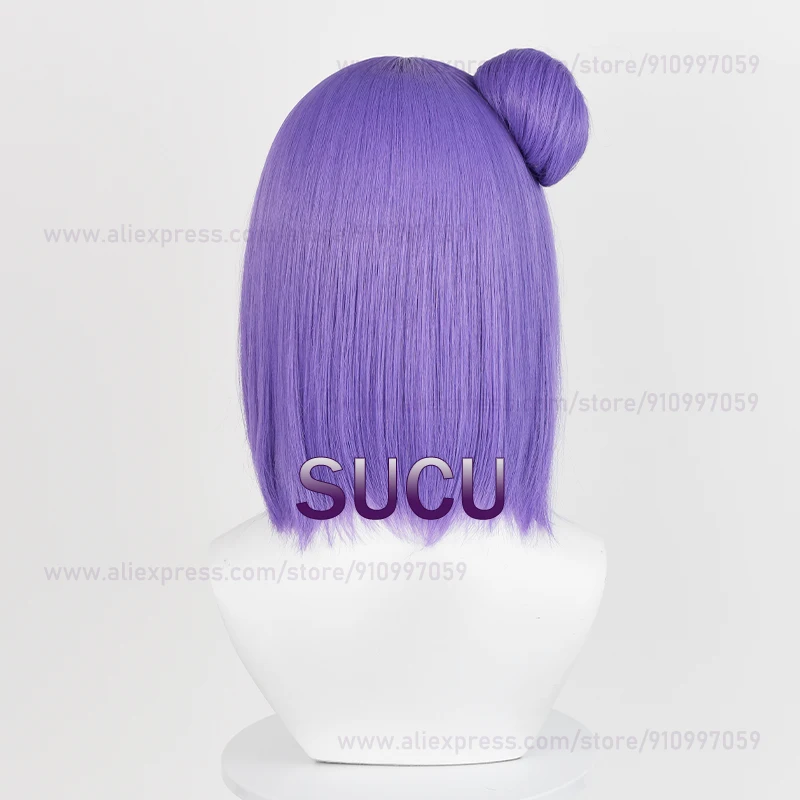 Peruca Cosplay Anime Konan para mulheres, cabelo curto roxo com coque, resistente ao calor, perucas sintéticas, 34cm