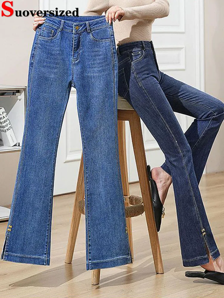 

Women Skinny Stretch Flare Jeans Korean Fashion High Waist Vintage Boot Cut Denim Pants Spring Fall Solid Streetwear Vaqueros