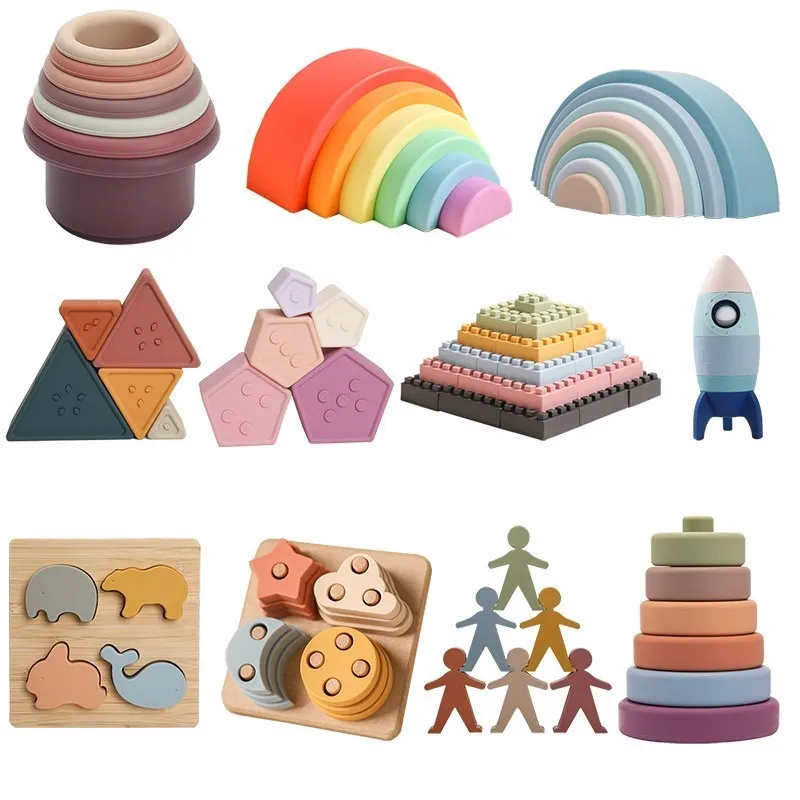 

Soft Building Blocks Toys Montessori Silicone Stacking Blocks Baby Toys Round cup Stack Teether for Child Construction Toy