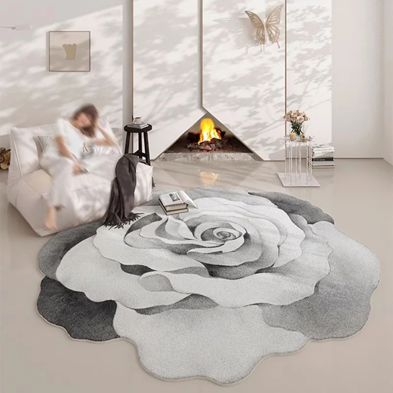 Irregular Living Room Carpet Light Luxury Flower Design Creative Floor Mat Machine Washable Plush Bedroom Bedside Non-slip Rugs