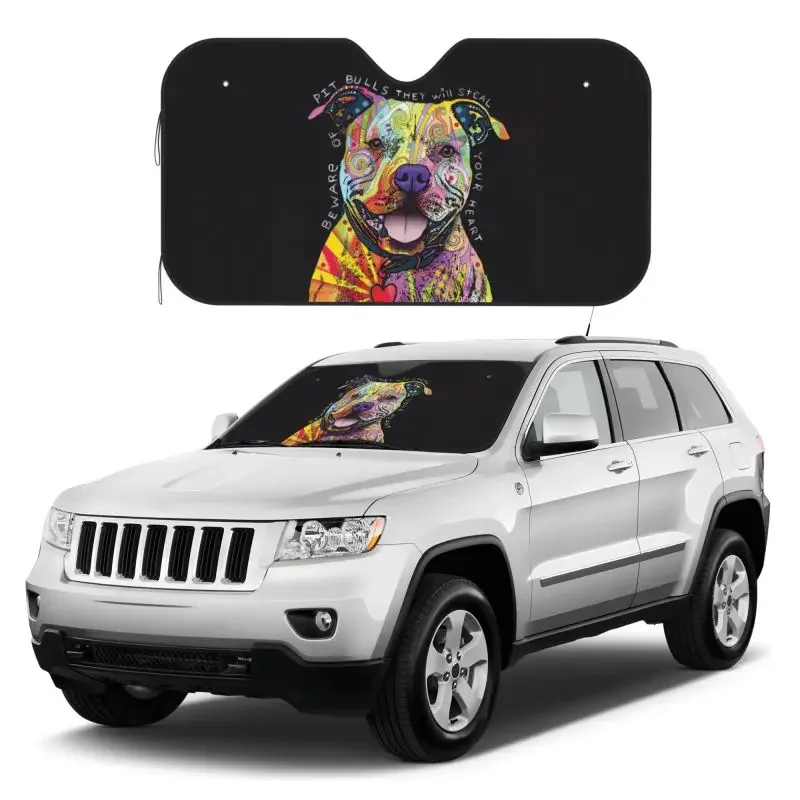 

Funny Beware of Pit Bulls Windshield Sun Shade Black Blocks UV Rays Visor Protector Accordion Folding Sun Reflector for Car SUV