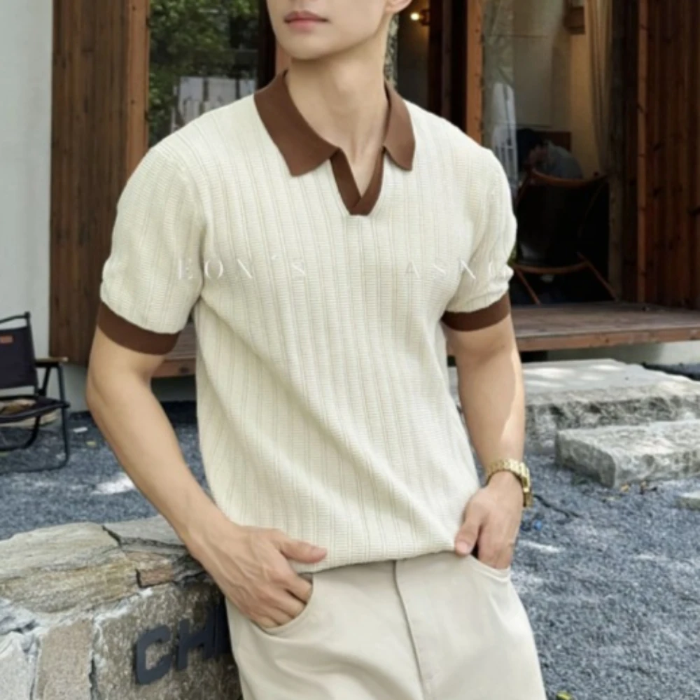 Summer Color Blocking Knitted Polo Shirt for Men Ice Silk Breathable Casual T-shirt V-neck Social Business T Shirt Men Clothing