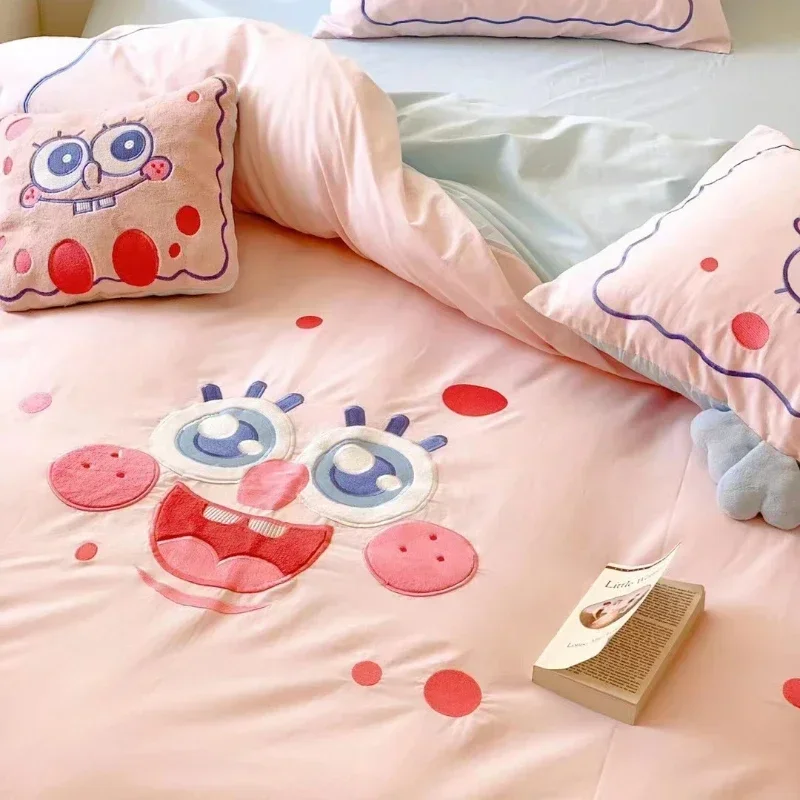 Cartoon Cotton Wash Cotton Four Piece Set for Children's Pure Cotton Embroidered Bed Sheets, Quilt Covers, Bedclothes, Cute