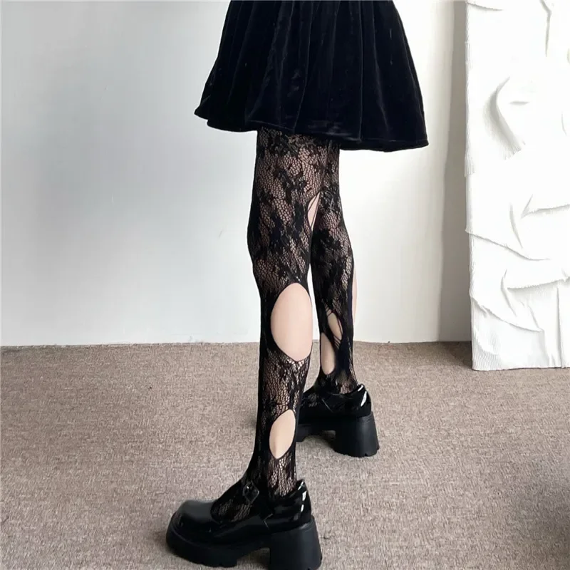 Meia-calça arrastão Lolita para mulheres, punk gótico, harajuku, irregular, buracos rasgados, calças justas de malha, meias florais sexy de renda,