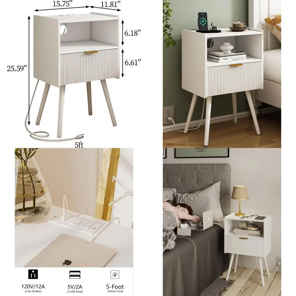 

Contemporary Wooden Nightstand with Drawer and Shelf, Outlet-Ready, for Compact Spaces