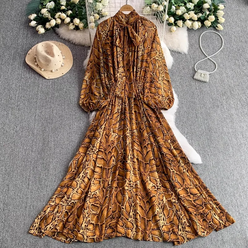 

OCEANLOVE Leopard Maxi Dress Women Vintage Bandage Lantern Sleeve Spring Autumn Vestidos Mujer Fashion Elegant Dresses