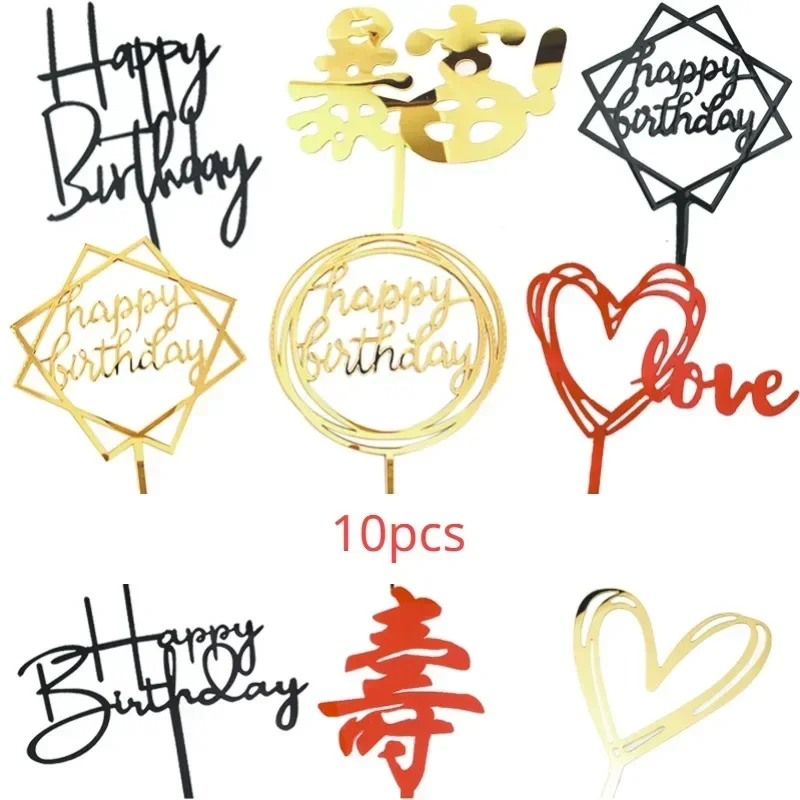 10 Pcs Happy Birthday Cake Topper Pink Gold Acrylic Cake-Toppers Baby Shower Cake Birthday Party Cake-Flag Decorations 10x15cm