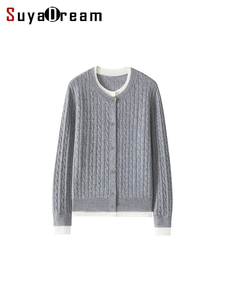 SuyaDream, Woman faux two-piece Cardigan, 32.1%Wool, Round Collar, Cables Knit Chic Sweaters, 2024 Fall Winter Jackets