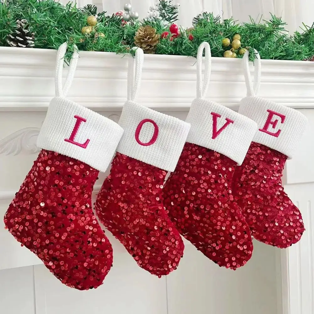 9 Inches Initial Monogram Christmas Stocking Glitter Embroidered Small Christmas Stocking Sequins with Velvet