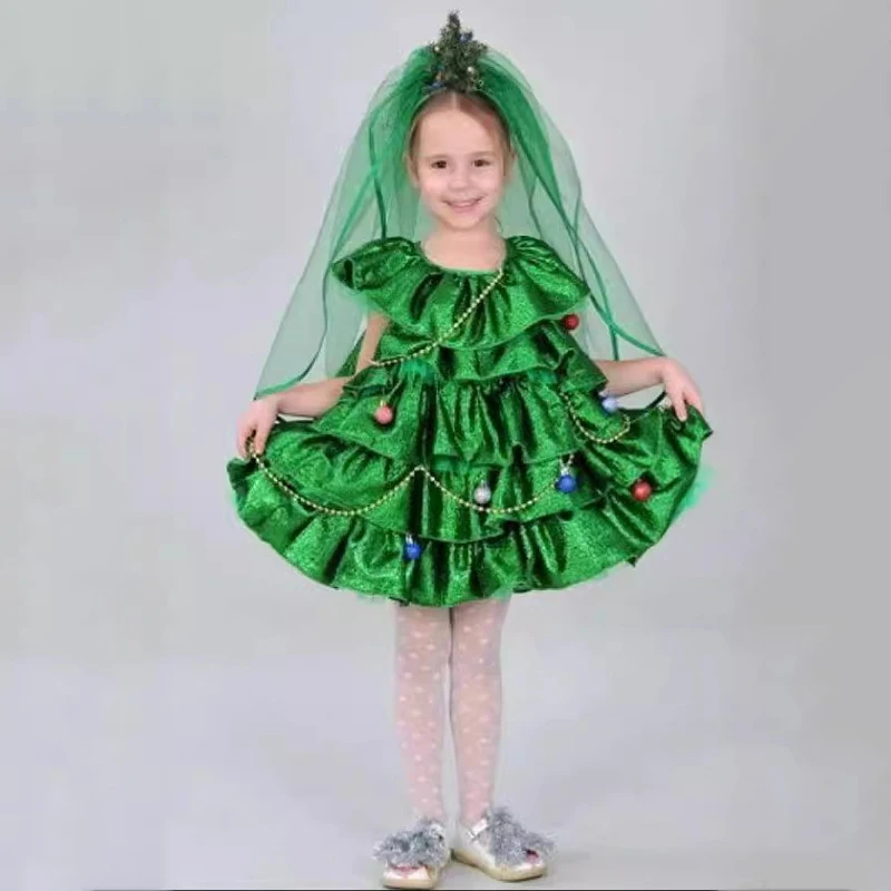 

Christmas Tree Kid Cosplay Costume Stars Lights Decorate Dress Carnival Xmas Party Performance Stage Girl Fancy Dress