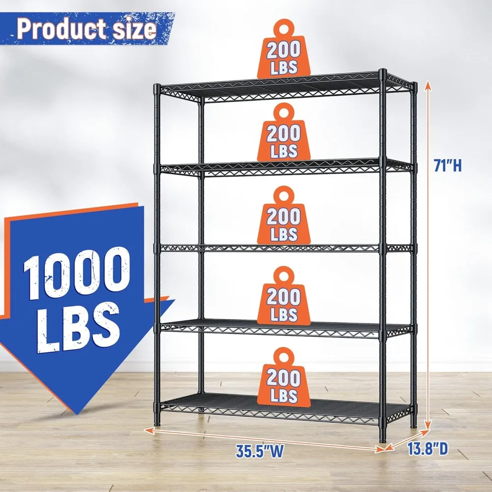5 Tier Storage Shelves 71"H Wire Shelving Adjustable Metal Shelving,1000LBS Pantry Shelves Sturdy Steel Wire Shelf for Kitchen