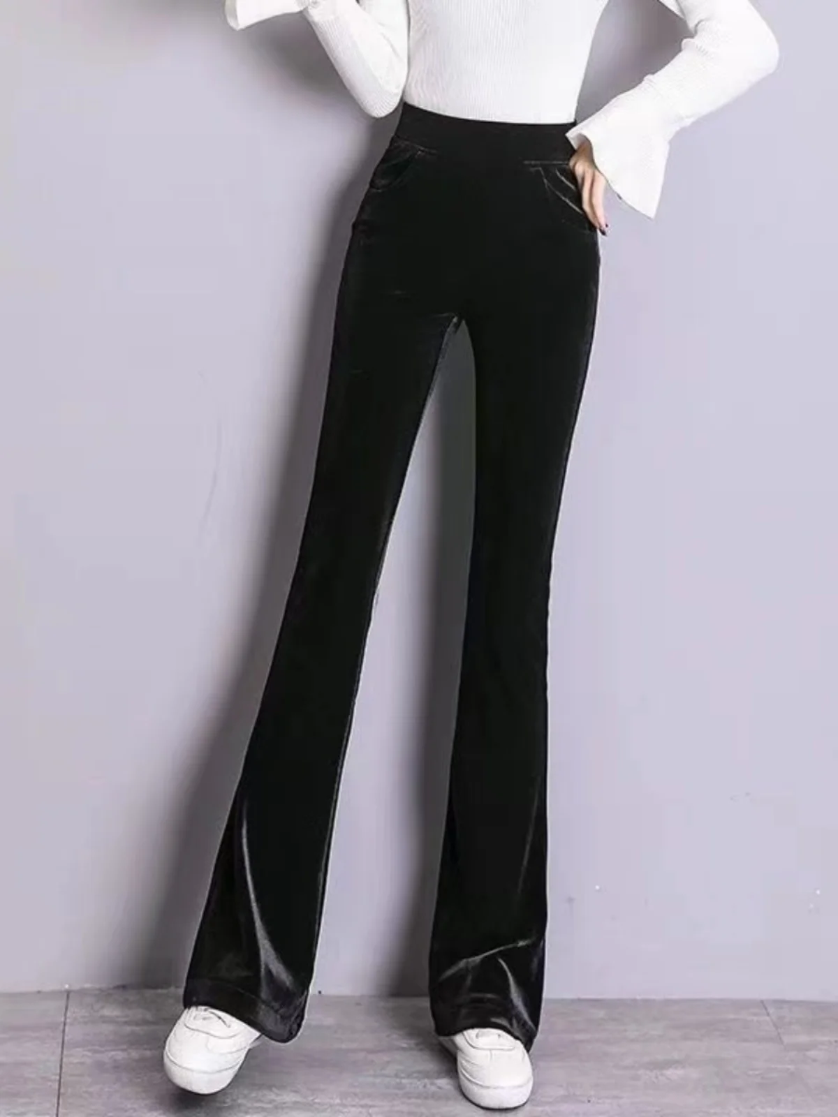 

Женские бархатные брюки с высокой талией и широкими штанинами, осенне-зимние, новые, свободного кроя, комфортные, повседневные, черные